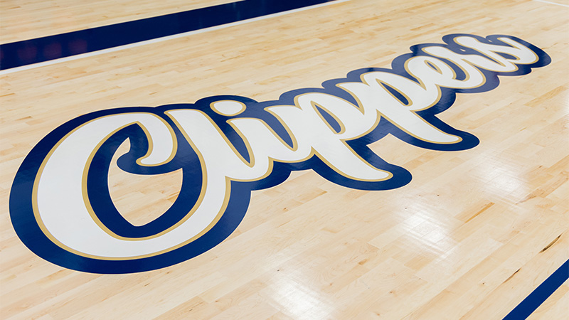 Gym floor photo of Clippers text
